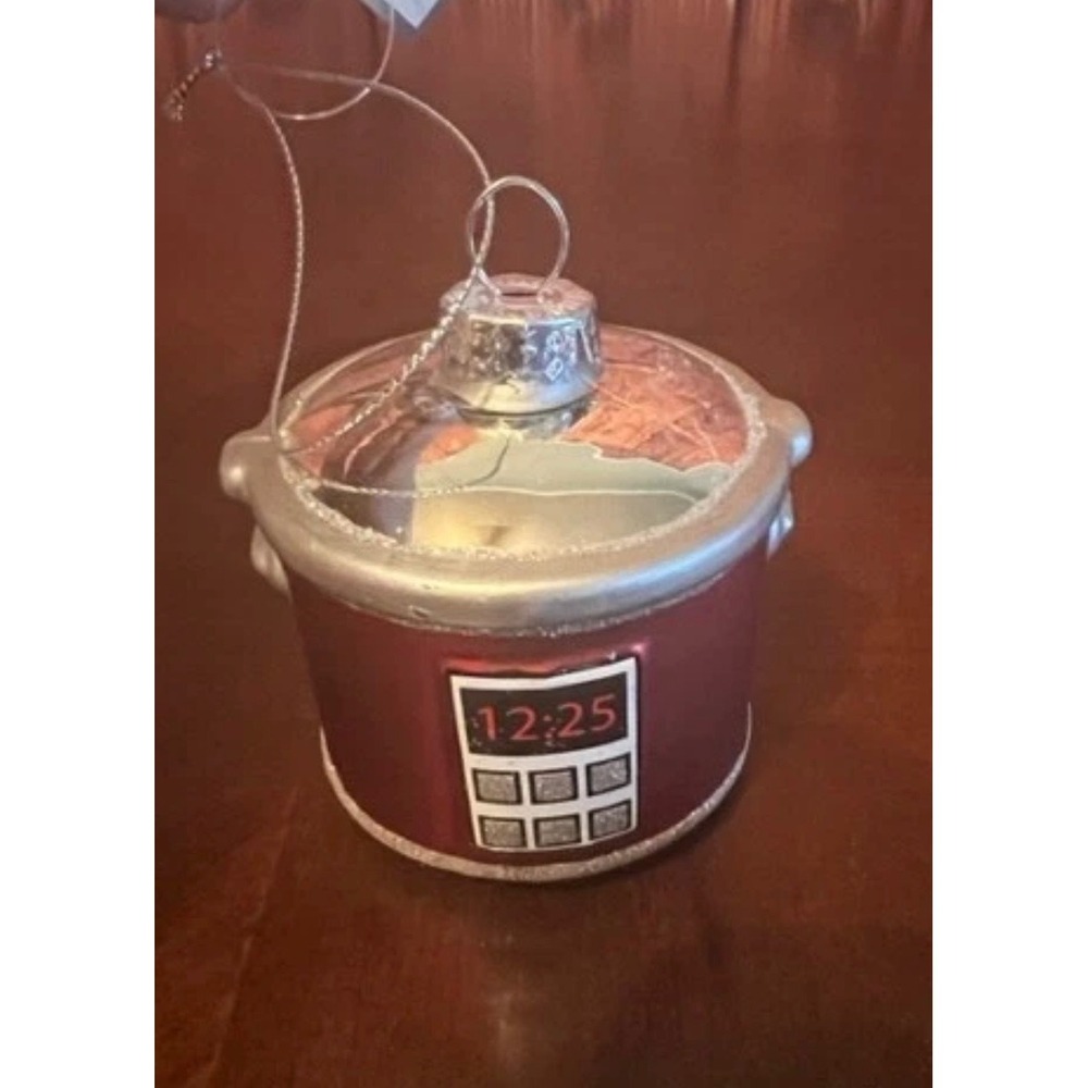 Red Slow Cooker Glass Christmas Ornament Whimsical Kitchen Crock Pot Decor 12:25
